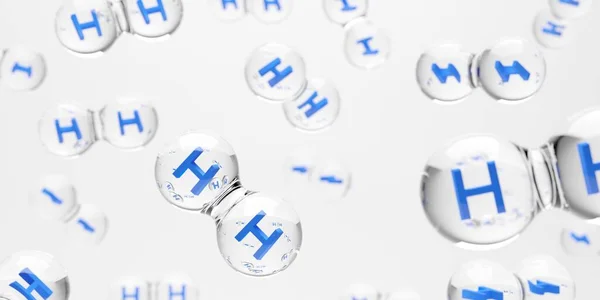 概要白色背景に浮かぶ透明水素H2分子 クリーンエネルギーや化学概念 3Dイラスト — ストック写真