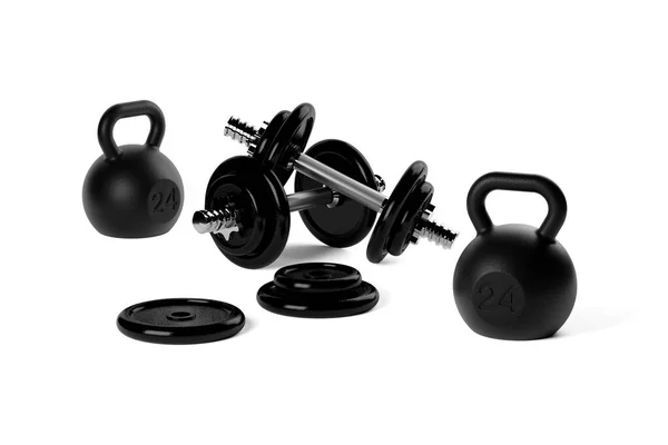 健身馆的哑铃和水壶 配有彩色手柄和黑色盘子 叠放在白色背景 肌肉锻炼 健美或健身概念的前面 3D插图 — 图库照片