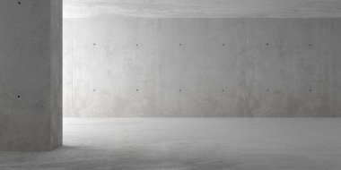 Soyut, boş, modern beton oda sol taraftaki duvarlardan dolaylı aydınlatma ve kaba zemin - endüstriyel iç arka plan şablonu, üç boyutlu illüstrasyon