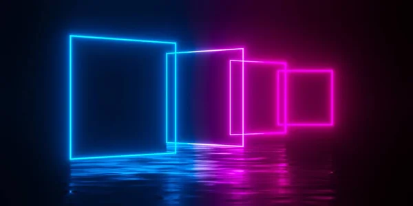 多重现代抽象蓝色 红色和粉色霓虹灯发光正方形框架在暗室背景中被反射地板所抵消 3D插图 — 图库照片