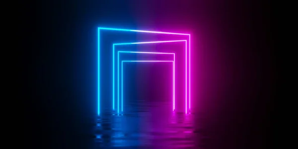 複数の近代的な未来的な抽象的な青 赤とピンクのネオン輝く光の広場の門や反射床 3Dイラストと暗い部屋の背景に回転フレーム — ストック写真