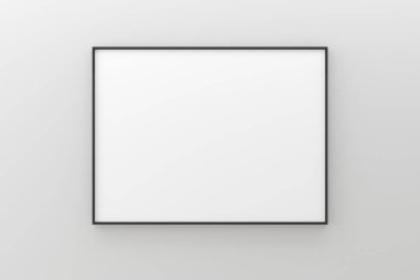 Beyaz boş resim veya poster çerçeve şablonu siyah çerçeveli odadaki beyaz duvar arkaplanında asılı tasarımı taklit et, 3D illüstrasyon