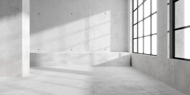 Soyut, boş, modern beton oda sağ duvarda güneş ışığı penceresi ve pürüzlü zemin - endüstriyel iç mekan şablonu, 3 boyutlu illüstrasyon