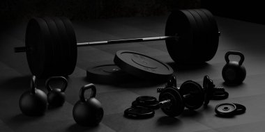 Halter, halter ve halterli siyah plakalı halterler arka planda, spor, fitness, egzersiz veya halter konsepti, 3 boyutlu illüstrasyon