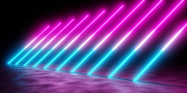複数の現代的な未来的な抽象的な青 ピンクのネオン輝くライトラインが反射床 3Dイラストと暗い部屋の背景に配列 — ストック写真