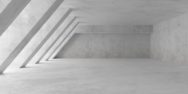 抽象的な空 斜めの柱とラフフロアで左から柔らかい光と現代のコンクリートの部屋 産業インテリア背景テンプレート 3Dイラスト — ストック写真