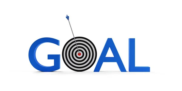 Blue Arrow Hitting Center Goal Target Word Goal White Background — Stock Photo, Image