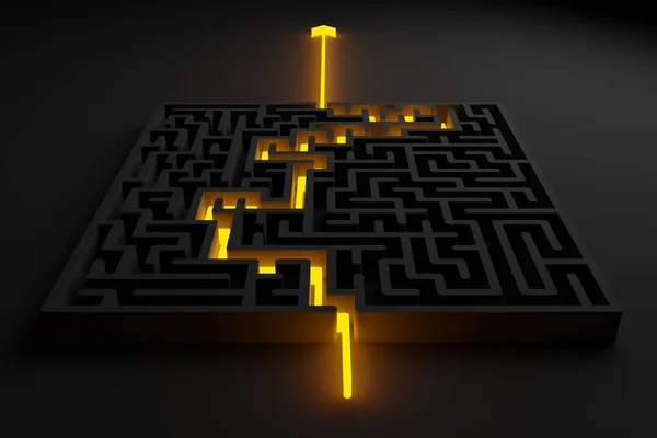 Yellow Glowing Path Black Maze Labyrinth Black Background Success Strategy — стоковое фото