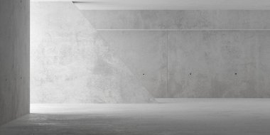 Soyut, boş, modern beton oda soldan, eğimli duvar ve kaba zemin ile dolaylı aydınlatma - endüstriyel iç arka plan şablonu, 3 boyutlu illüstrasyon