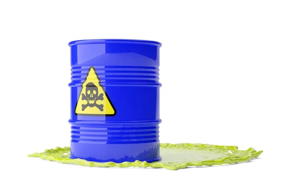 Single Blue Metal Barrel Yellow Hazardous Toxic Skull Bones Sign — Stock Photo, Image