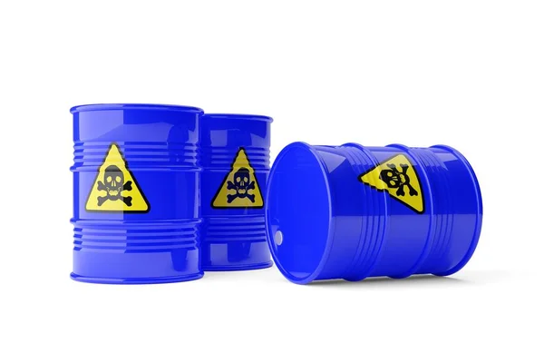 Three Blue Metal Barrels Yellow Hazardous Toxic Skull Bones Sign — Stock Photo, Image