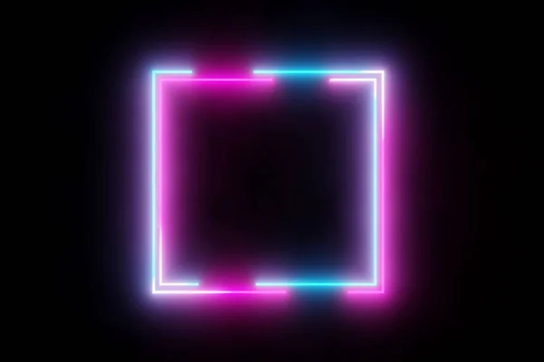 暗い部屋の背景に現代の未来的な抽象的な青 赤とピンクのネオン輝く光の正方形のフレームのデザイン 3Dイラスト — ストック写真