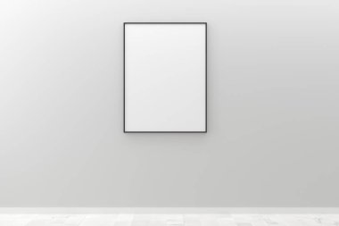 Beyaz boş resim veya poster çerçeve şablonu beyaz duvarda asılı sahte tasarım ve siyah çerçeveli ahşap zemin zemin arkaplan, 3D illüstrasyon