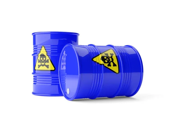 Two Blue Metal Barrels Yellow Hazardous Toxic Skull Bones Sign — Stock Photo, Image