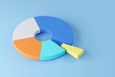 Mavi arkaplan, finansal büyüme, istatistik veya yatırım grafiği konsepti üzerine renkli pasta grafiği diyagramı, 3D illüstrasyon