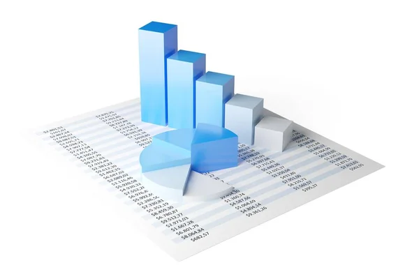 Blue Pie Chart Bar Graph Business Diagrams Numbers Spreadsheet White — Stock Photo, Image