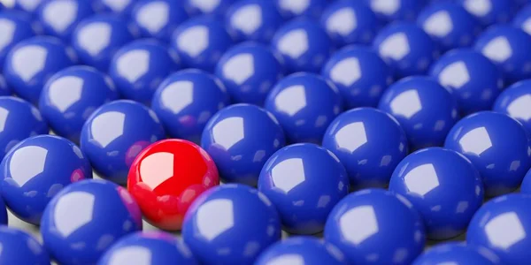 一组蓝色球体中间的单个红色球体背景 领导或个性概念 3D说明 — 图库照片
