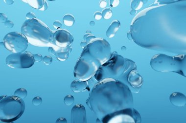 Abstract underwater water bubbles over blue background, 3D illustration