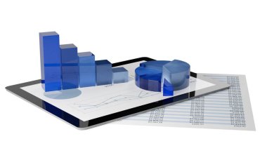 Tablet bilgisayarı üzerinde mavi cam bar ve pasta tablosu ve beyaz arkaplan, iş veya finans bütçesi konsepti üzerinde bütçe kağıt tablosu, 3D illüstrasyon