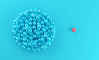Cyan arka plan, bireysellik veya benzersizlik üzerine birçok cyan kürenin yanında tek bir kırmızı küre, asgari modern iş konsepti, 3D illüstrasyon