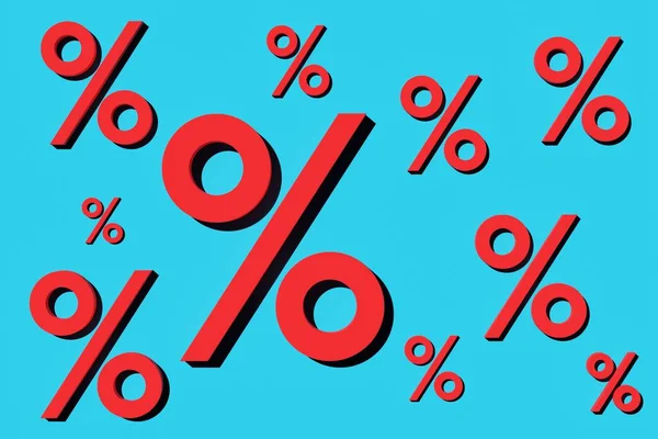 Sinais Percentuais Vermelhos Símbolos Sobre Fundo Azul Ciano Conceito Venda — Fotografia de Stock