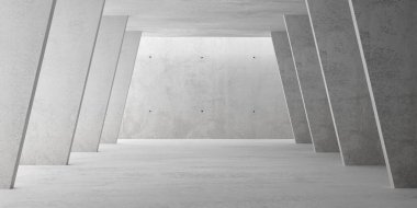 Soyut, boş, modern beton oda köşegen duvarlı, sağ ve sol köşeli, kaba zemin - endüstriyel iç arka plan şablonu, 3 boyutlu illüstrasyon