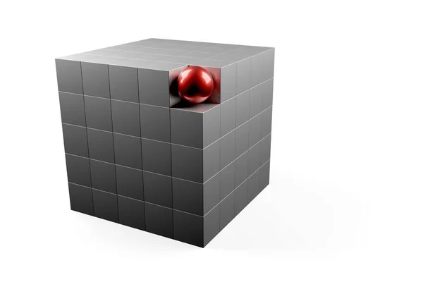 白い背景の上に立方体から作られたブロックの隅に赤い球 ビジネスソフトウェアモジュール チームワークまたは目立つ概念 3Dイラスト — ストック写真