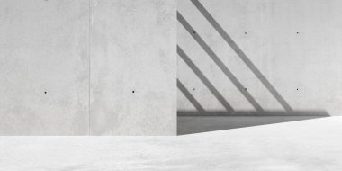 Soyut boş, modern beton duvarlar. Güneş ışığı gölgesi olan dış oda. Endüstriyel dış plan şablonu, 3 boyutlu illüstrasyon.