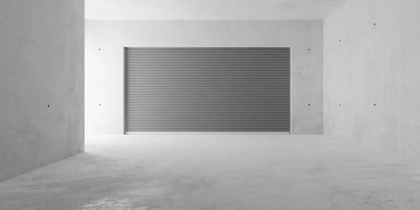 Empty modern abstract concrete room with rolling gate on back wall and rough floor, product presentation template background, 3D illustration