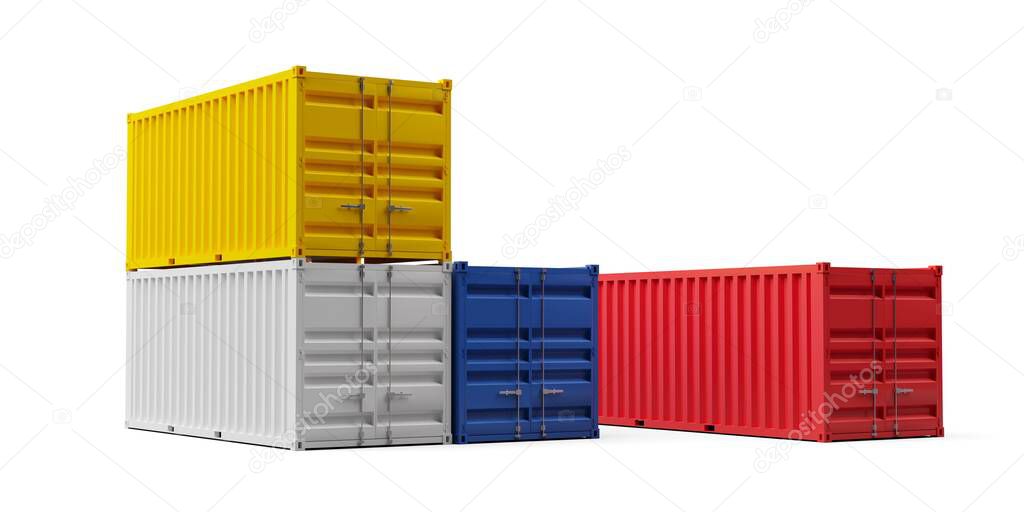 Multiple stacked industrial intermodal cargo transport or shipping containers storage over white background, 3D illustration