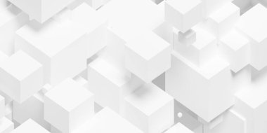 Beyaz rastgele kaydırılmış izometrik küp veya kutular arkaplan, 3D illüstrasyon