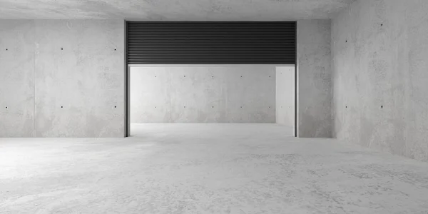 Prázdný Moderní Abstraktní Betonová Místnost Otevřenou Válcovací Bránou Zadní Stěně — Stock fotografie