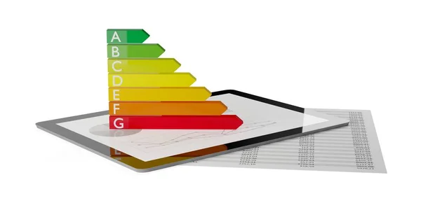 Etiquette Européenne Classification Énergétique Sur Tablette Avec Fiche Technique Diagramme — Photo