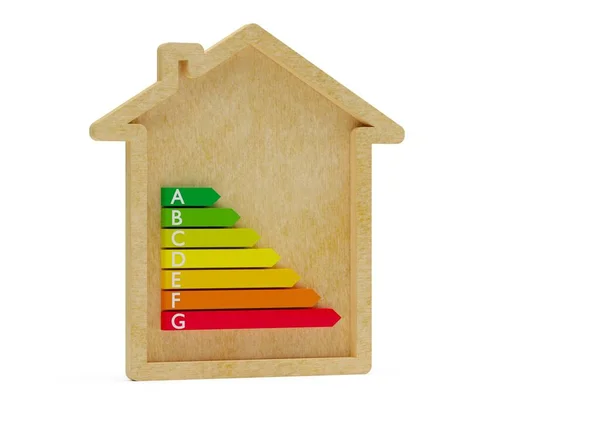 European Energy Classification Label Wooden House White Background Energy Consumption — Stock Photo, Image