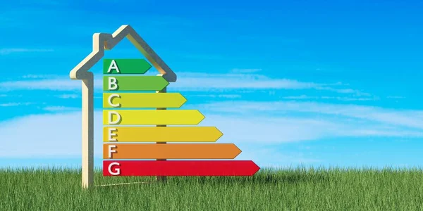 European energy classification label in wooden house outline shape on grass with blue sky background, energy consumption chart concept, 3D illustration