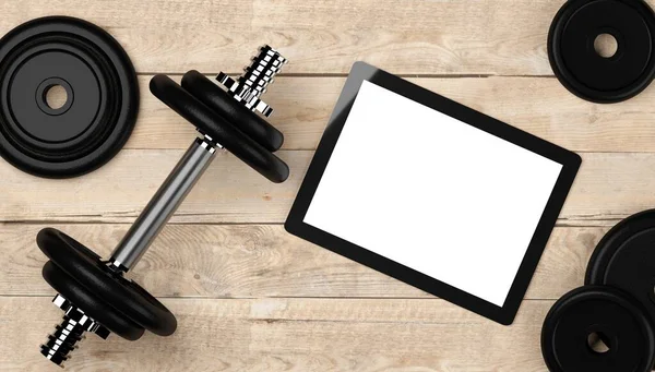 Kurzhantel Mit Gewichten Und Tablet Computer Auf Holzboden Hintergrund Flache — Stockfoto