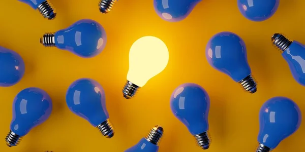 オレンジ色の背景 創造性 独自性 または際立った概念 3Dイラスト上の青い電球のグループ内の単一の輝く電球 — ストック写真