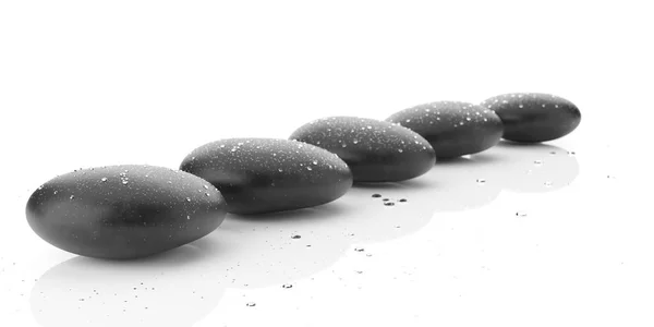 Row Line Black Pebbles Water Drops White Background Zen Spa — Stock Photo, Image