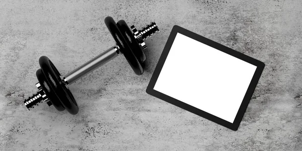 Beton Zemin Zemin Arkaplan Üzerinde Ağırlık Tablet Bilgisayarı Olan Dumbbell — Stok fotoğraf