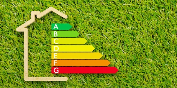 European energy classification label in wooden house outline shape on grass background, energy consumption chart concept, 3D illustration