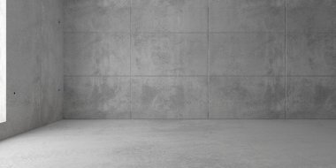 Boş modern soyut beton oda, sol duvarda pencere açık ve kaba zemin, ürün sunum şablonu arka plan, 3 boyutlu illüstrasyon