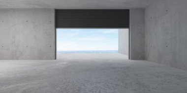 Arka duvarında okyanus manzarası ve pürüzlü zemini olan yuvarlanan kapısı olan boş modern soyut beton oda, ürün sunum şablonu arka planı, 3 boyutlu illüstrasyon