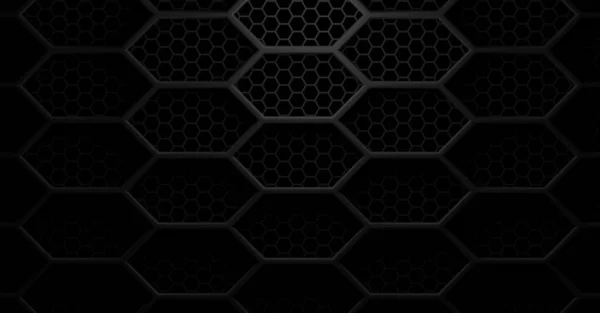 Double layer black hexagon honeycomb grid grill background with light from above, 3D illustration