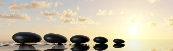 Row Line Black Pebbles Water Sunset Sunrise Background Zen Spa — Stock Photo, Image