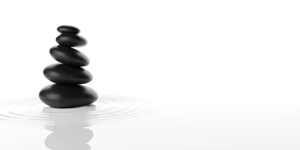 Pile Galets Noirs Avec Eau Sur Fond Blanc Zen Spa — Photo