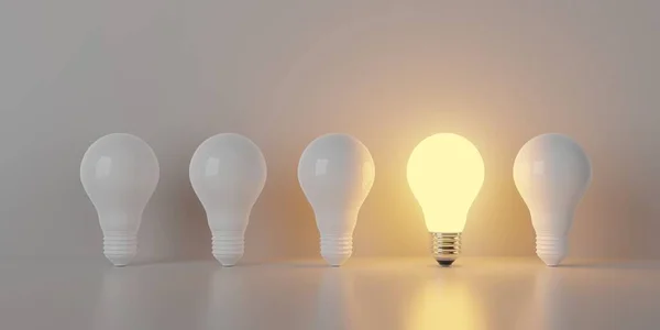 在明亮的背景 创造力 独特或突出的概念 3D图解上 一排排的白色灯泡中的单个发光灯泡 — 图库照片
