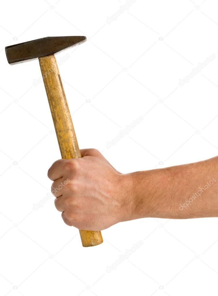 Man holding hammer isolated on white