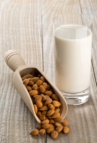 Vaso de leche de almendras con almendras — Foto de Stock