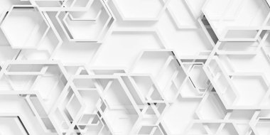 Many white hexagon honeycomb frames multiple layers background wallpaper banner with copy space, flat lay from above, 3D illustration
