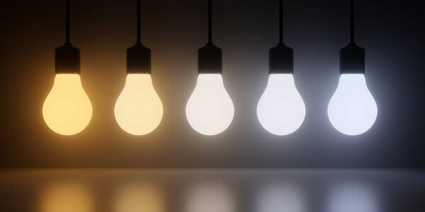 Row of light bulbs hangin from ceiling showing different color temperatures from warm orange to cool blue on dark background, 3D illustration